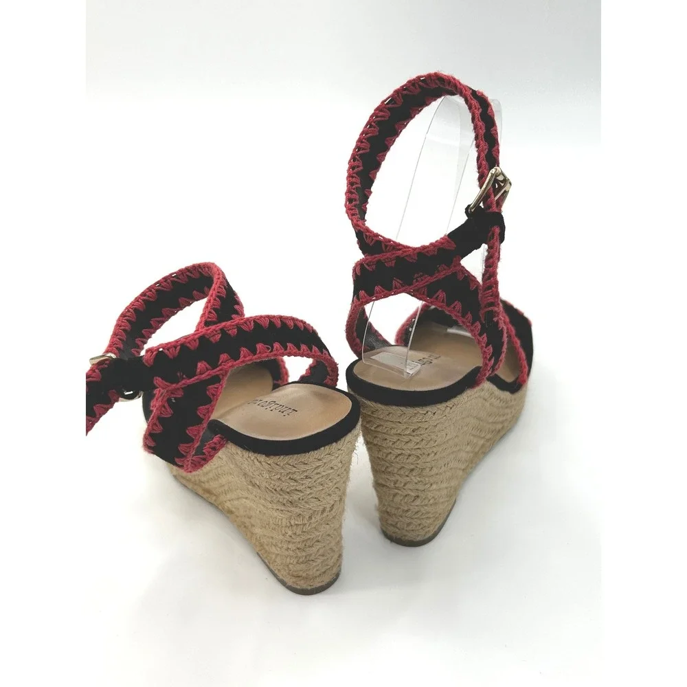 Indigo Rd Womens Black Pink Embroidered Espadrille Wedge Sandals Size 6